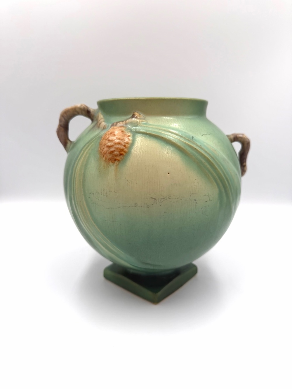 Rare Roseville Pine Cone 745-7 Green Vase, 1930s Vintage Art Pottery